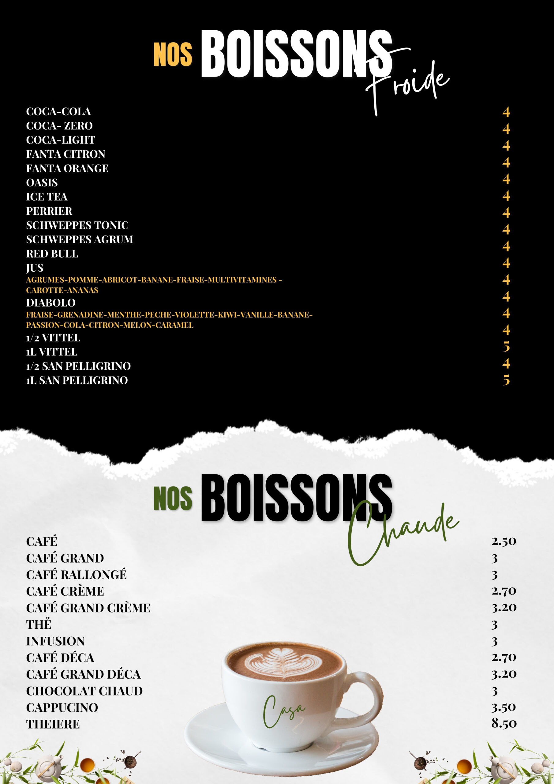 Carte des boissons