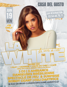 La white v3 - Casa Del Gusto Promotional party poster featuring a woman’s portrait and bold, colorful event details in French.