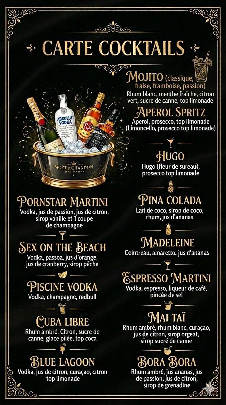 Black cocktail menu board with gold ornate border and a bucket of liquor bottles reading 'Carte Cocktails' at top, list of drinks and ingredients in French/English.