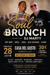 WhatsApp Image 2026-06-11 at 142856 1 - Casa Del Gusto Poster for a Soul Brunch event featuring two men smiling—the left in plaid with yellow suspenders, the right in a Los Angeles jersey.