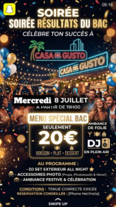 Event poster for 'Soirée Résultats du Bac' at Casa Del Gusto with neon signs, party crowd, balloons, and confetti; event date Wed 8 July from 19:00 with a EUR 20 menu offer.